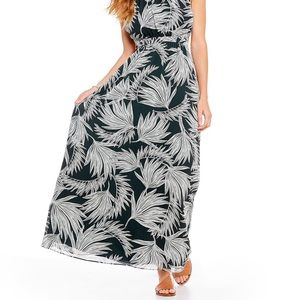 Green palm leaf maxi dress backless cutouts